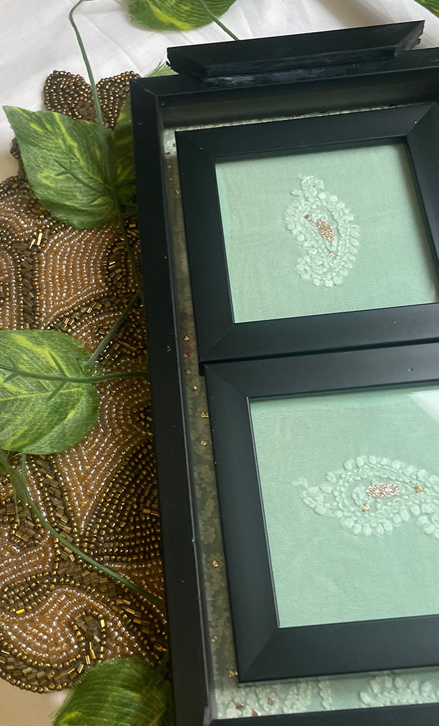 Handcrafted Chikankari Tray with Two Coasters – Wooden Frame - HONC0313525