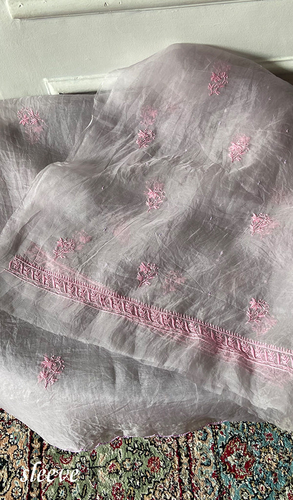 Women's Lakhnavi Handcrafted Pure Organza Chikankari Unstitched Kurta And Dupatta Set- HONC0361460