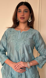 Anika Women's Lucknowi Handcrafted Chanderi Silk Chikankari Top with Farshi Salwar Set