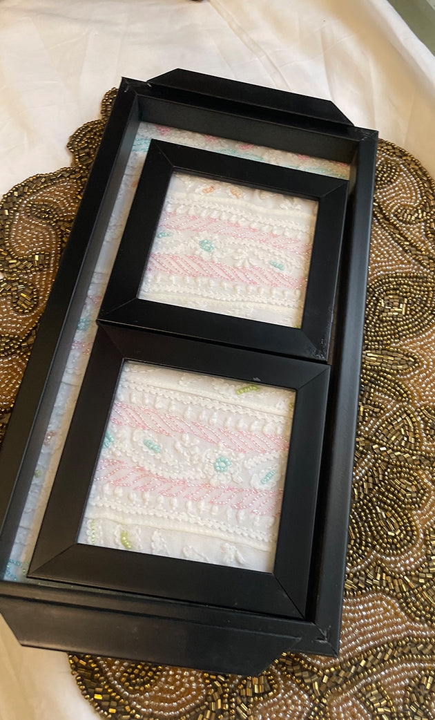 Handcrafted Chikankari Tray with Two Coasters – Wooden Frame - HONC0310961
