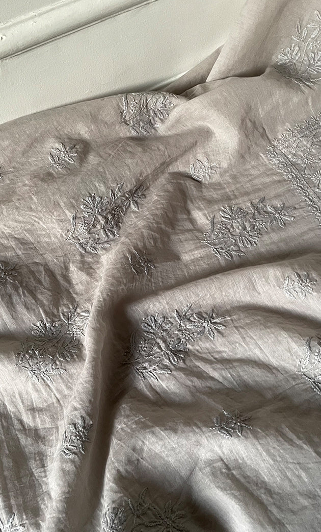 Women's Lakhnavi Handcrafted Mul Chanderi Unstitched Chikankari Full Suit Material - HONC0319531