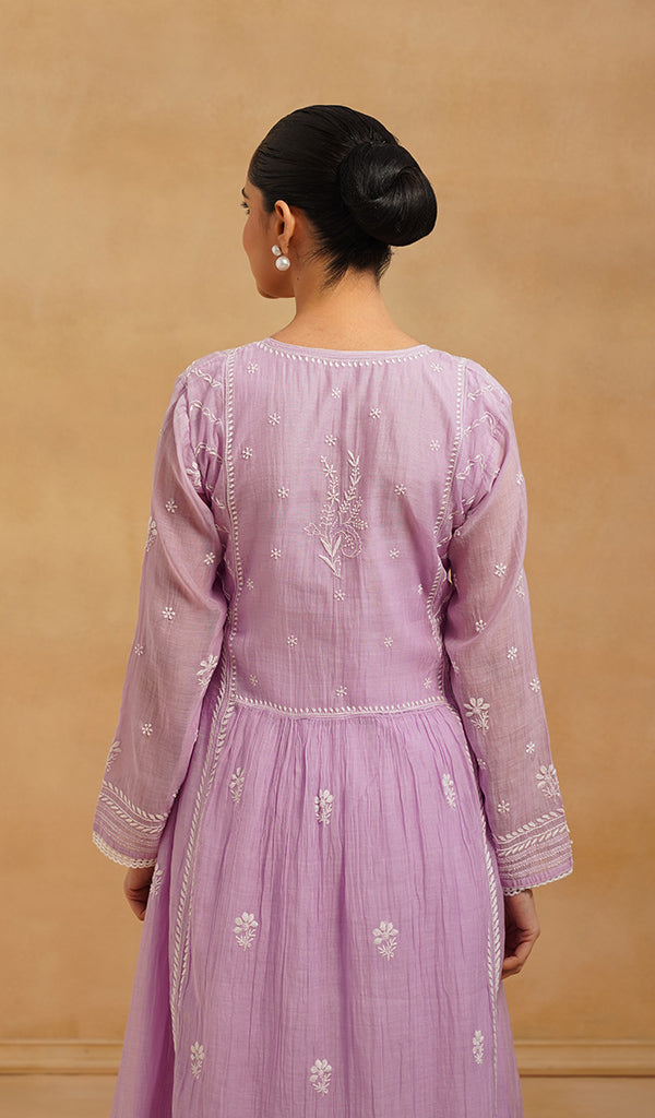 Women's Lakhnavi Handcrafted Mul Chanderi Chikankari Stitched Kurta, Dupatta And Pant Set - HONC0565464