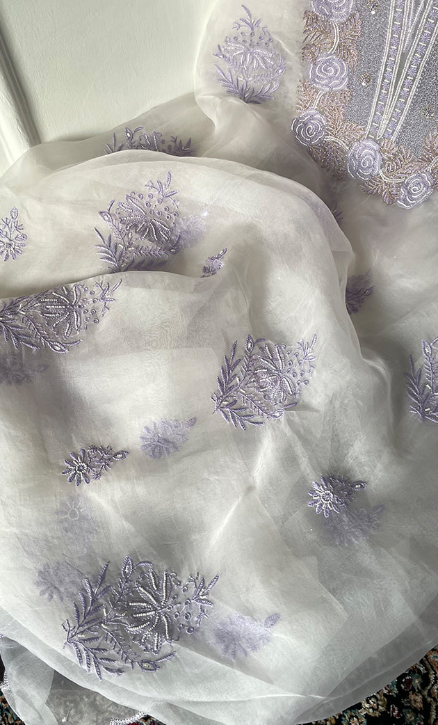 Mehnaj  Women's Lakhnavi Handcrafted Pure Organza Chikankari Unstitched Kurta And Dupatta Set- HONC0316109