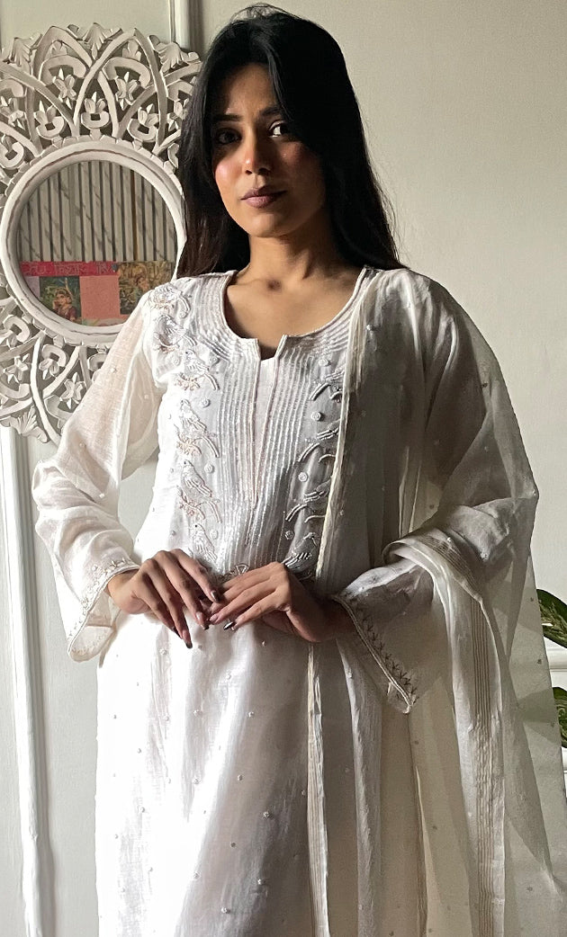 Women's Lakhnavi Handcrafted Mul Chanderi Chikankari Stitched Kurta, Dupatta And Pant Set - HONC0323124