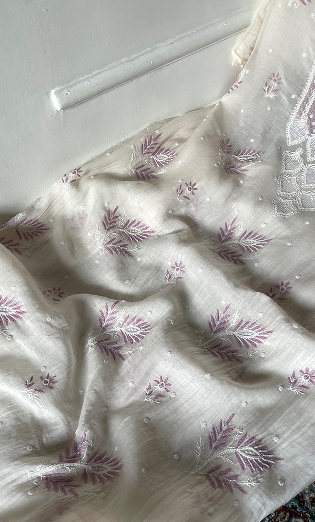 Women's Lakhnavi Handcrafted Unstitched Mul Chanderi Kurta And Dupatta Set - HONC0319478