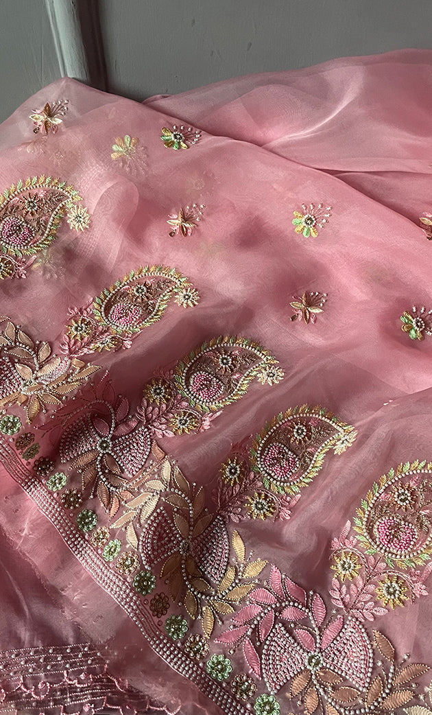 Women's Lakhnavi Handcrafted Pure Organza Silk Chikankari Unstitched Full Suit Material - HONC0267232
