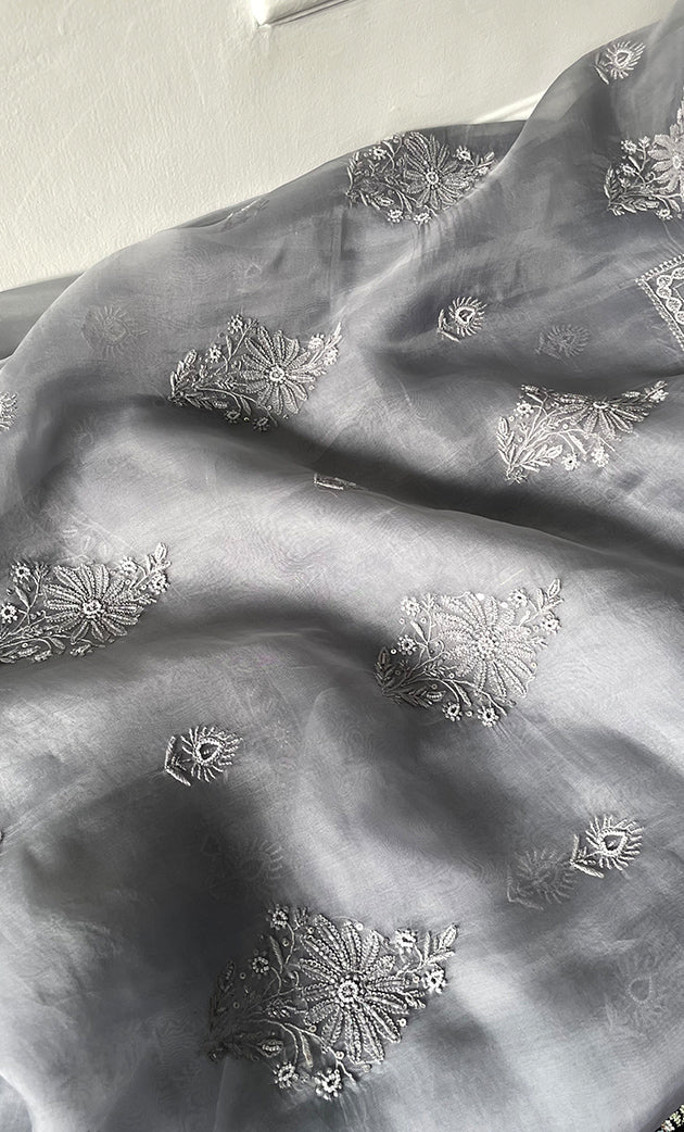 Women's Lakhnavi Handcrafted Pure Organza Chikankari Unstitched Kurta And Dupatta Set- HONC0314169