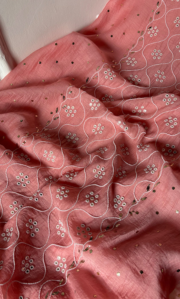 Women's Lakhnavi Handcrafted Mul Chanderi Unstitched Chikankari Full Suit Material - HONC0320706