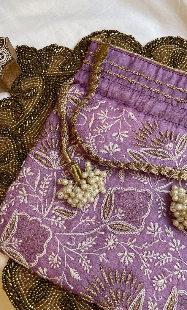 Green Chikankari Embroidered Potli Bag with White Bead Tassels - HONC0317200