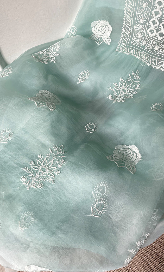 Women's Lakhnavi Handcrafted Pure Organza Chikankari Unstitched Kurta And Dupatta Set- HONC0314172