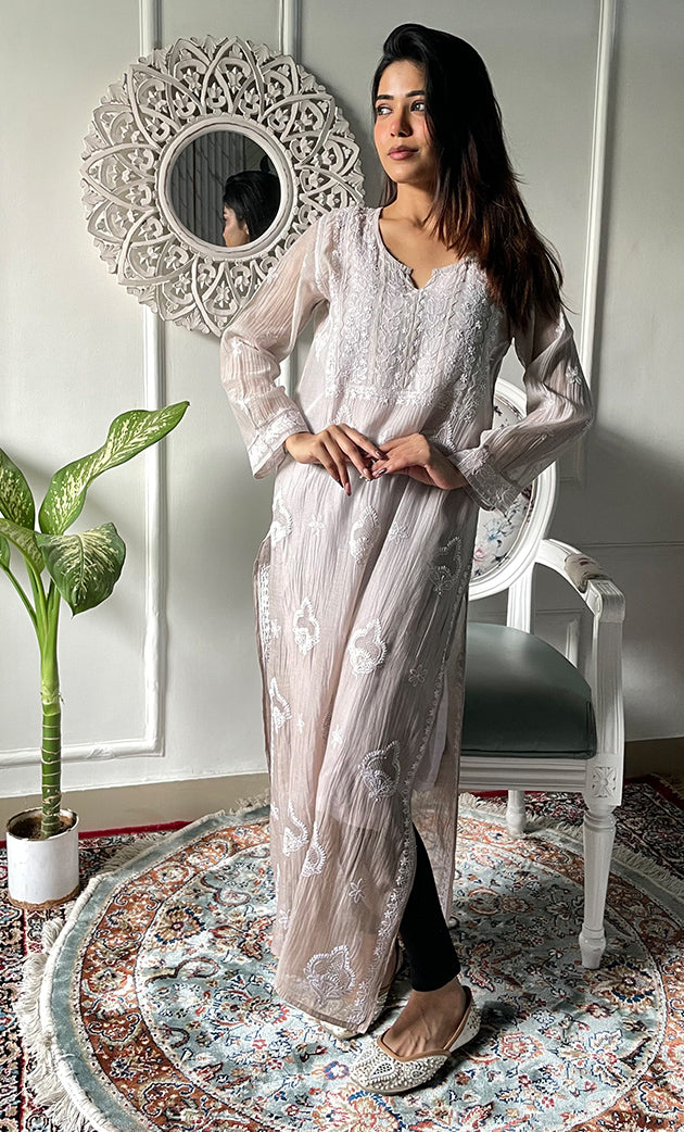 Women's Lucknowi Handcrafted Mul Chanderi Chikankari Kurti - HONC0329790
