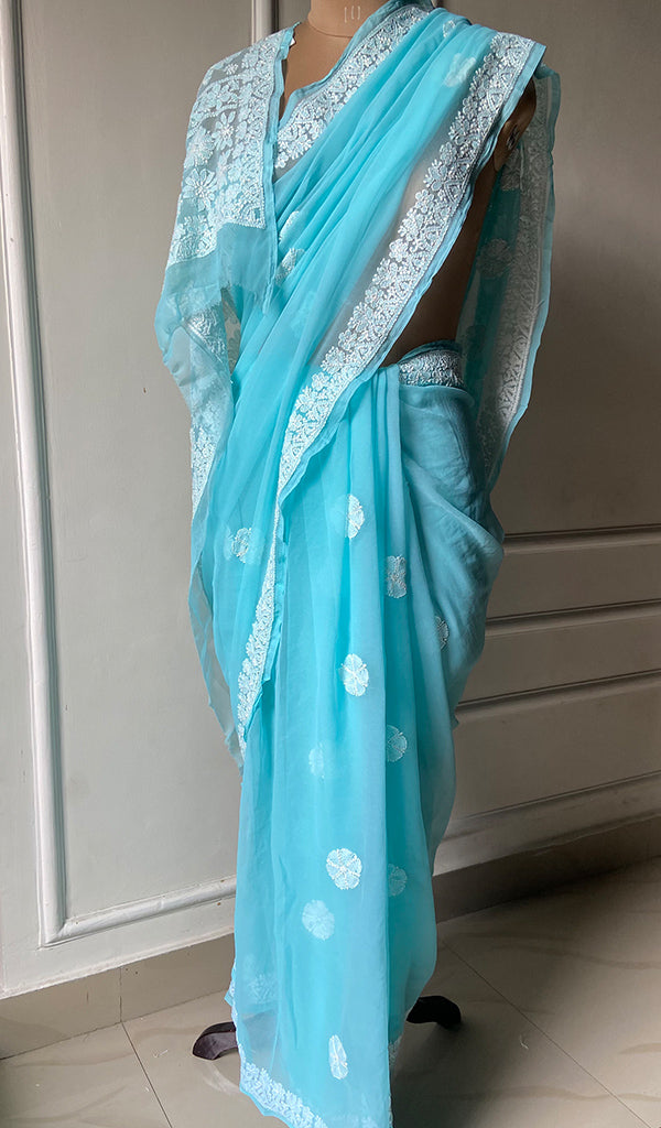 Women's Lakhnavi Handcrafted Faux-Georgette Chikankari Saree - HONC0228968