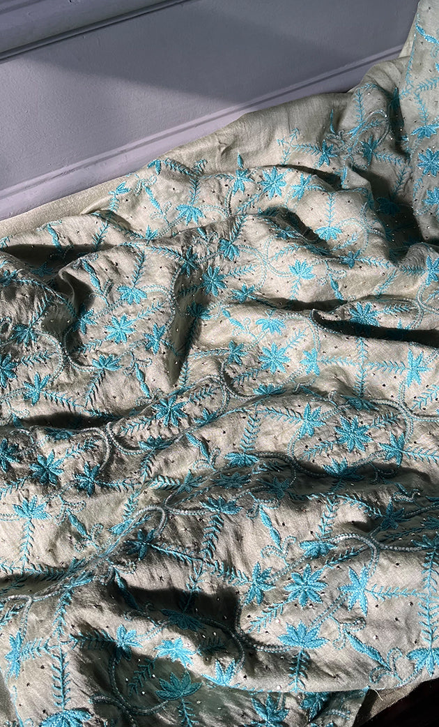 Women's Lakhnavi Handcrafted Munga Silk Unstitched Chikankari Kurta And Dupatta Set- HONC0282781
