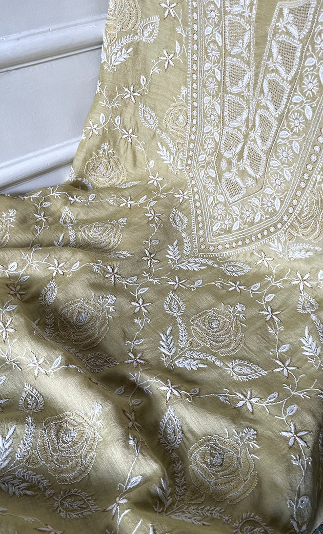 Women's Lakhnavi Handcrafted Munga Silk Chikankari Unstitched Kurti Fabric - HONC0316124