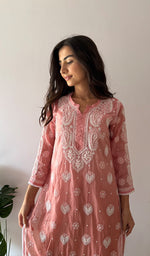Load image into Gallery viewer, Women's Lucknowi Handcrafted Mul Chanderi Stitched Chikankari Kurta And Plazzo Set- HONC0378780