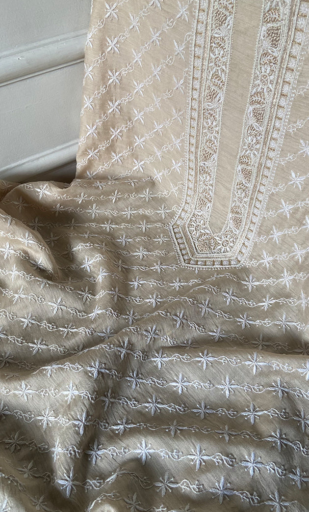 Lucknowi Handcrafted Munga Silk Unstitched Chikankari Unisex Kurta Fabric - HONC0330259