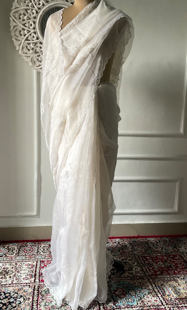 Women's Lucknowi Handcrafted Pure Organza Silk Chikankari Saree - HONC0321035