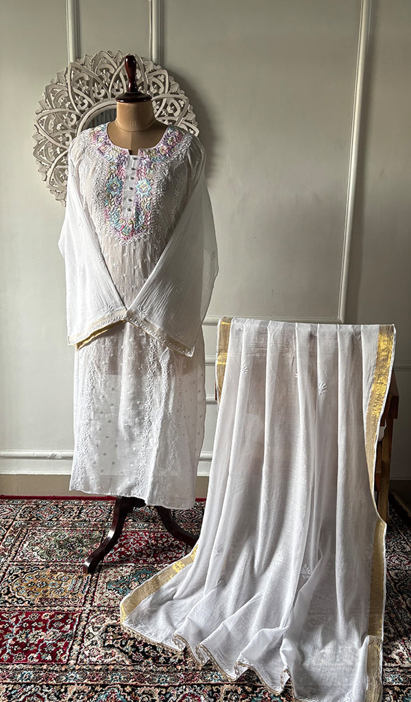 Women's Lakhnavi Handcrafted Cotton Semi -Stitched Kurta And Dupatta Set - HONC0326108