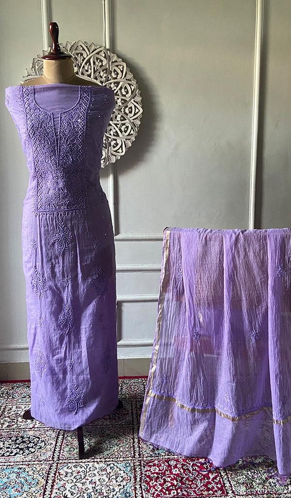 Women's Lakhnavi Handcrafted Mul Chanderi Unstitched Chikankari Full Suit Material - HONC0328125