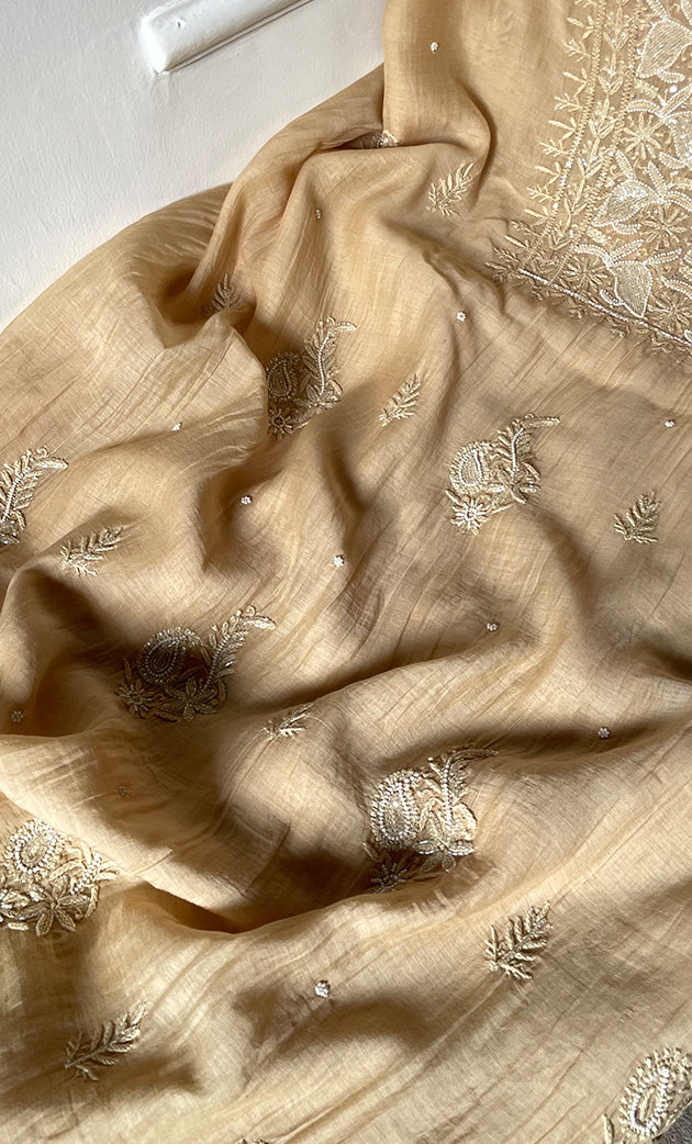 Women's Lakhnavi Handcrafted Mul Chanderi Unstitched Chikankari Full Suit Material - HONC0323585