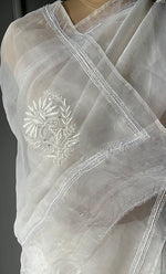 Load image into Gallery viewer, Women&#39;s Lucknowi Handcrafted Pure Organza Silk Chikankari Saree - HONC0295371
