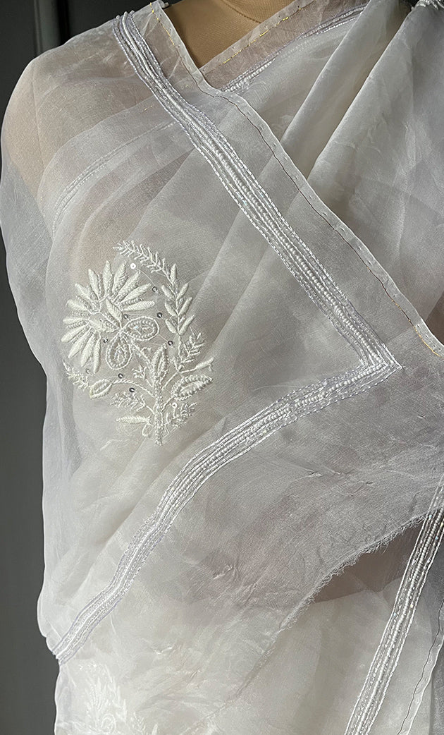 Women's Lucknowi Handcrafted Pure Organza Silk Chikankari Saree - HONC0295371