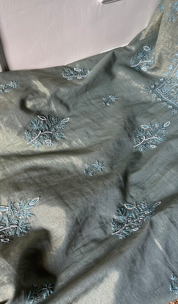 Women's Lakhnavi Handcrafted Tissue Chanderi Chikankari Suit Material - HONC0275992