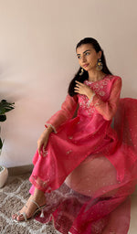 将图像加载到图库查看器中， Women's Lucknowi Handcrafted Pure Organza Silk Stitched Chikankari Kurta, Dupatta With Pant Set- HONC0362245