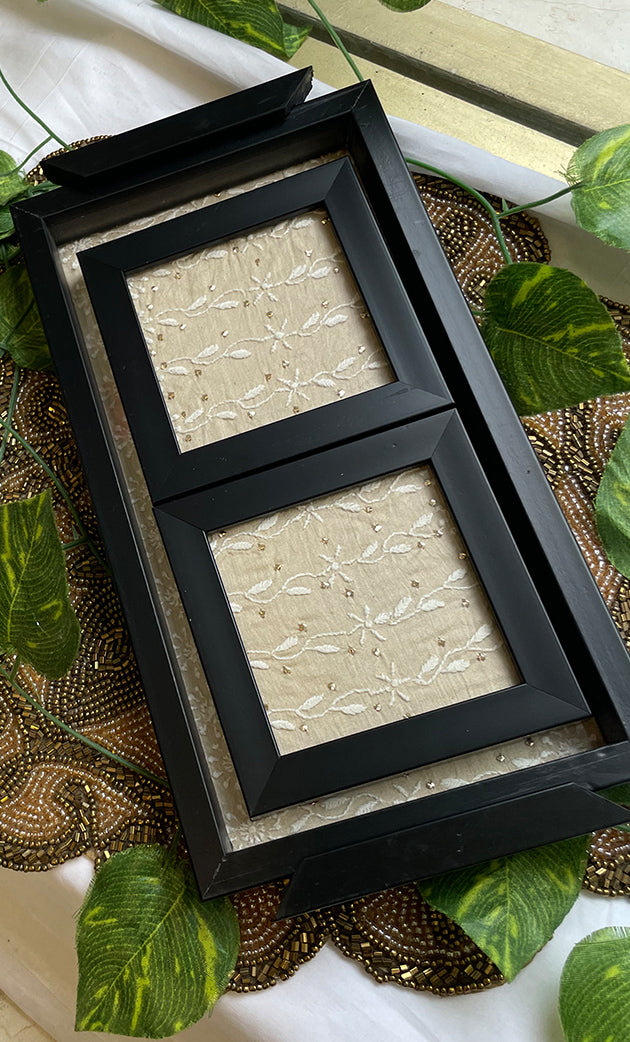Handcrafted Chikankari Tray with Two Coasters – Wooden Frame - HONC0313535