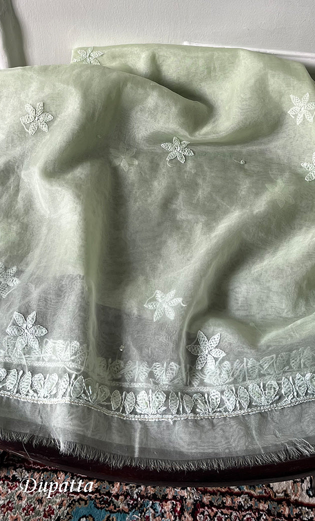 Women's Lakhnavi Handcrafted Organza Chikankari Unstitched Full Suit Material - HONC0258373