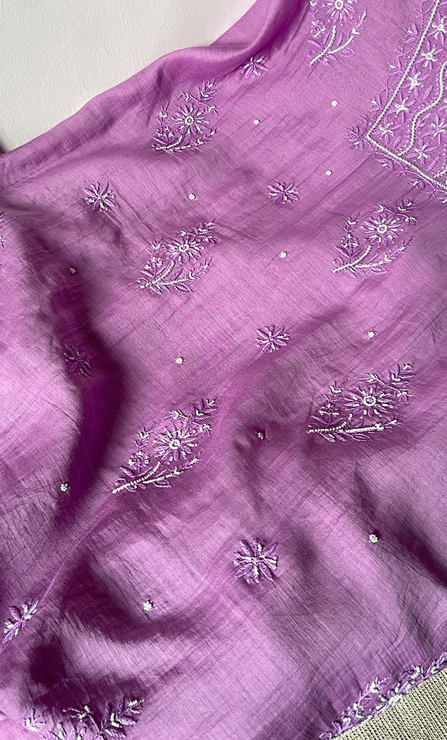 Women's Lakhnavi Handcrafted Mul Chanderi Unstitched Chikankari Full Suit Material - HONC0304381