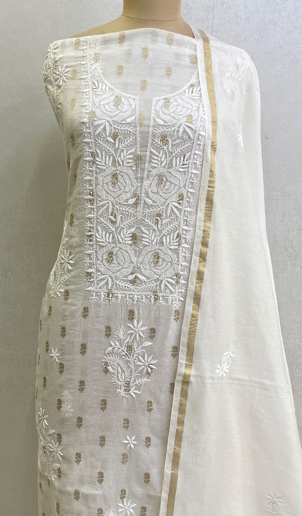 Women's Lakhnavi Handcrafted Chanderi Silk Chikankari Kurta Dupatta Fabric - HONC078805