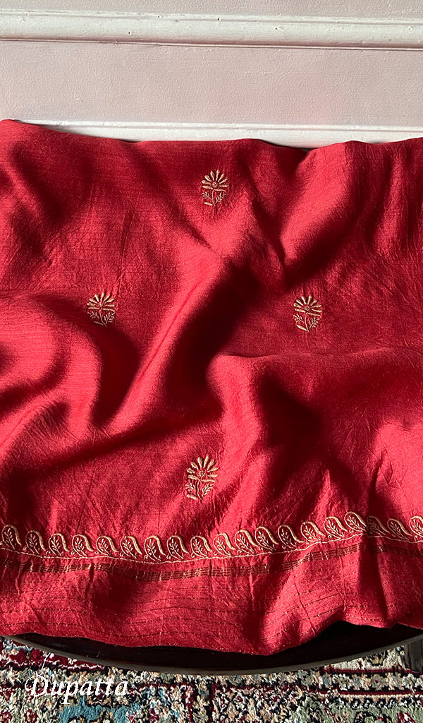 Women's Lakhnavi Handcrafted Unstitched Munga Silk Chikankari Kurta And Dupatta Set- HONC0357038