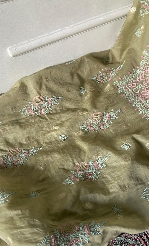 Women's Lakhnavi Handcrafted Mul Chanderi Unstitched Chikankari Full Suit Material - HONC0316855