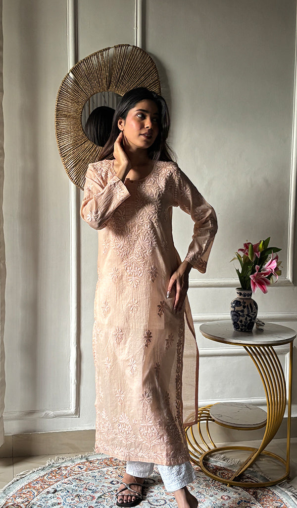 Women's Lucknowi Handcrafted Mul Chanderi Chikankari Kurti - HONC0308031
