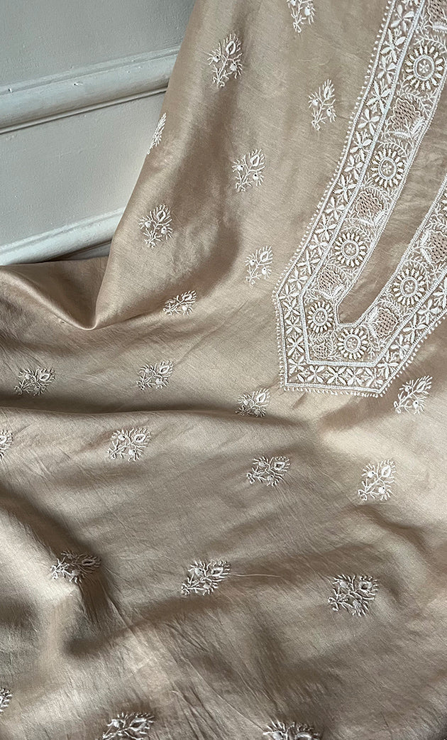 Lucknowi Handcrafted Chanderi Silk Chikankari Unstitched Unisex Kurta Fabric - HONC0275127