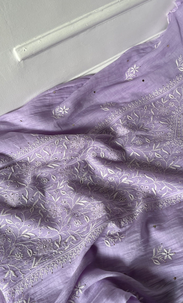 Women's Lakhnavi Handcrafted Mul Chanderi Semi -stitched Chikankari Full Suit Material - HONC0296116