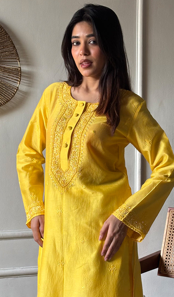 Ishita Women's Lucknowi Handcrafted Chanderi Silk Chikankari Kurti - HONC0340172