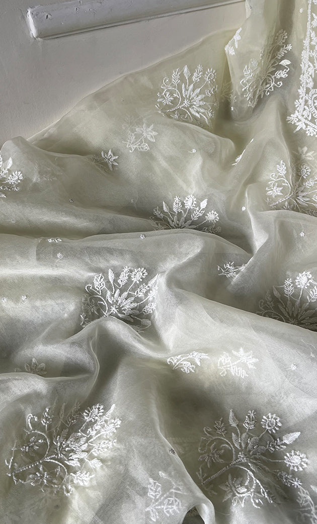 Women's Lakhnavi Handcrafted Organza Chikankari Unstitched Full Suit Material - HONC0284611