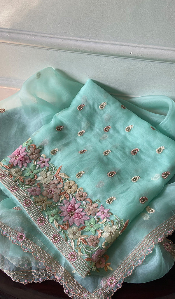 Women's Lakhnavi Handcrafted Pure Organza Chikankari Unstitched Kurta And Dupatta Set- HONC0290506