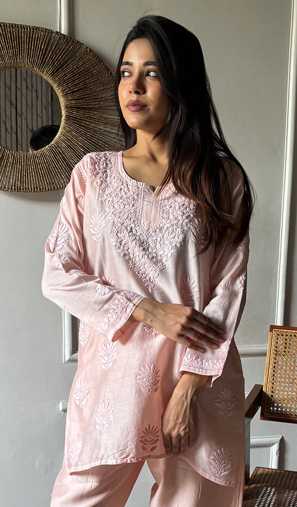 Women's Lakhnavi Handcrafted Chanderi Silk Chikankari Top And Pant Set - HONC0360677