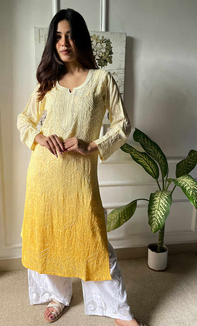 Women's Lakhnavi Handcrafted Viscose Georgette Chikankari Kurti- HONC0270975