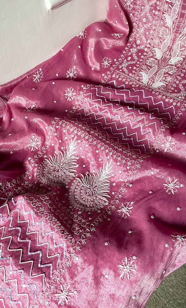 Women's Lakhnavi Handcrafted Tissue Chanderi Semi-Stitched Anarkali And Dupatta Set - HONC0323636