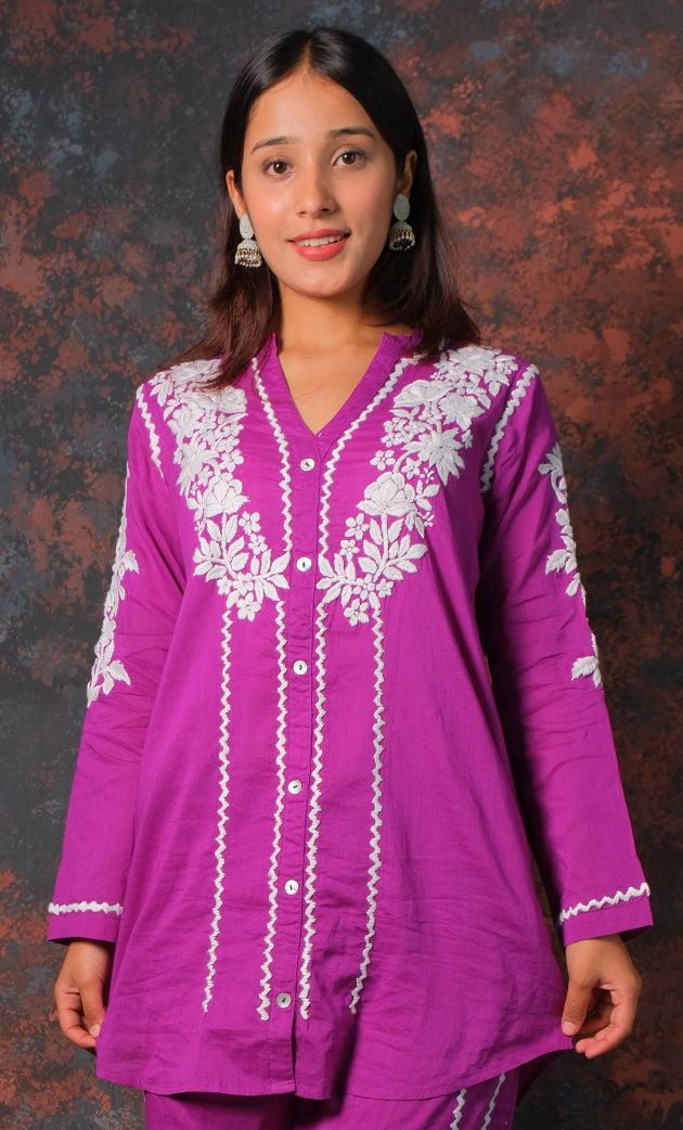 khayal Women's Lakhnavi Handcrafted Cotton Chikankari Kurti And Plazzo Set - HONC0323928