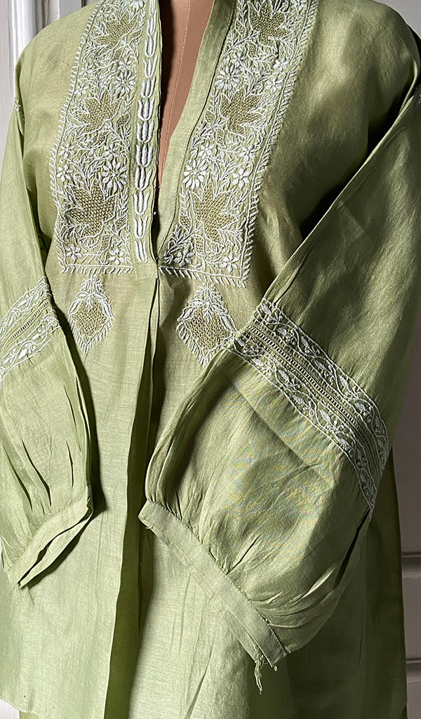 Afifa Women's Lakhnavi Handcrafted Chanderi Silk Chikankari Top And Pant Set - HONC0279049