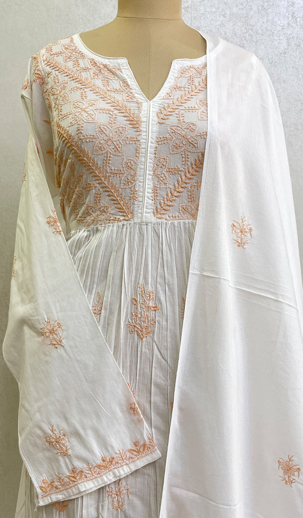 Women's Lakhnavi Handcrafted Cotton Chikankari Semi Stitched Kurta And Dupatta Set- HONC0152349