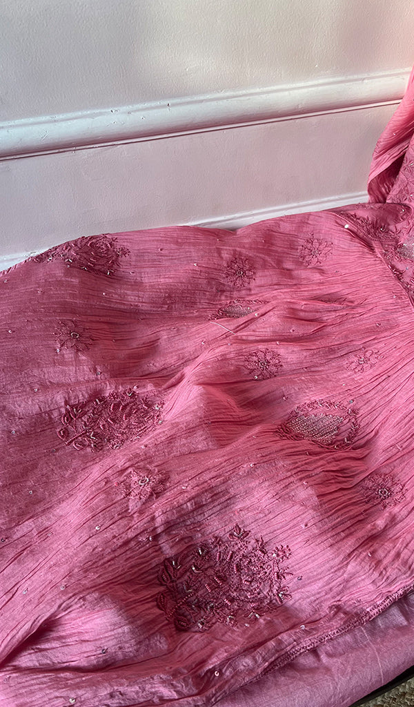Women's Lakhnavi Handcrafted Mul Chanderi Chikankari Semi Stitched Anarkali And Dupatta Set- HONC0286666
