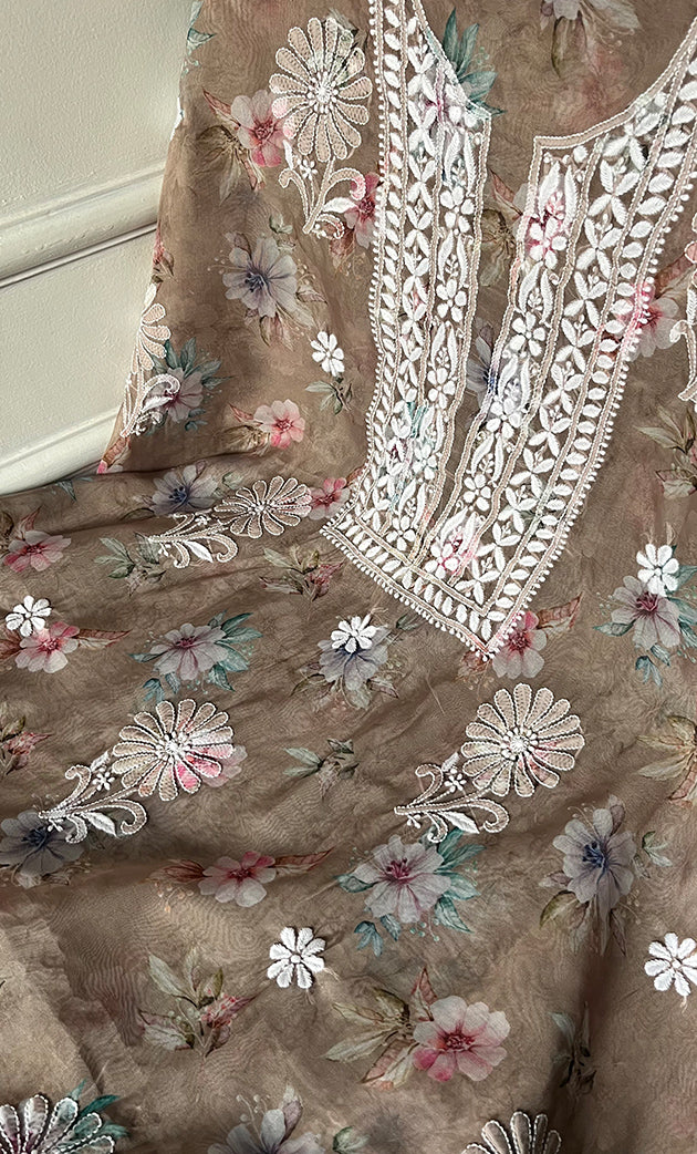 Disha Women's Lakhnavi Handcrafted Organza Chikankari Unstitched Kurti Fabric -  HONC0332146