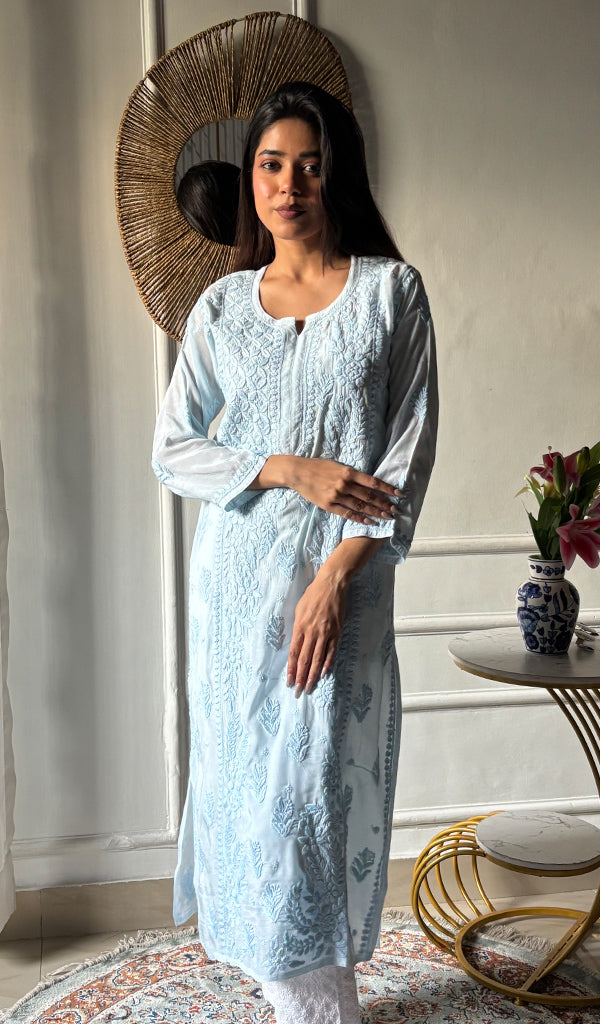 Women's Lakhnavi Handcrafted Muslin Chikankari Kurti - HONC0337465