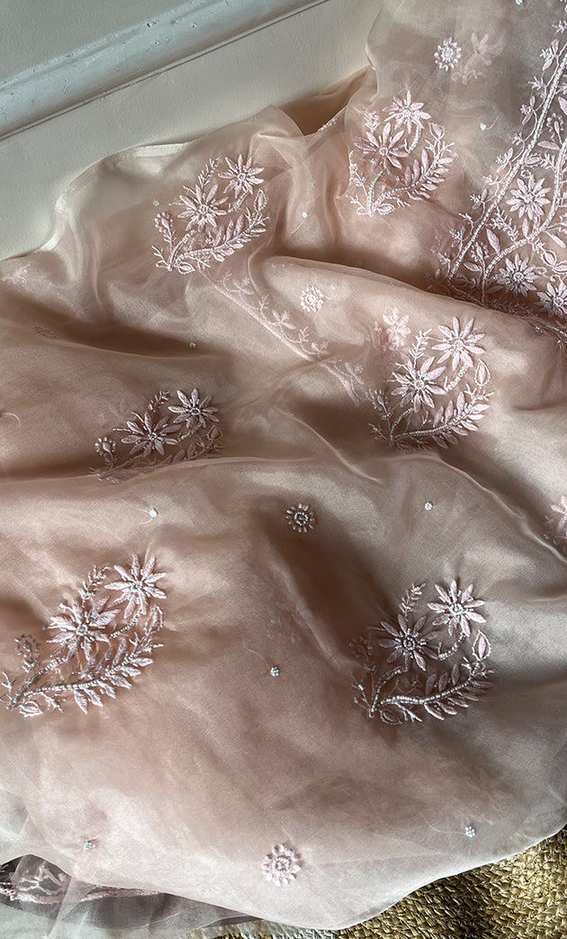 Women's Lakhnavi Handcrafted Organza Chikankari Unstitched Full Suit Material - HONC0284636
